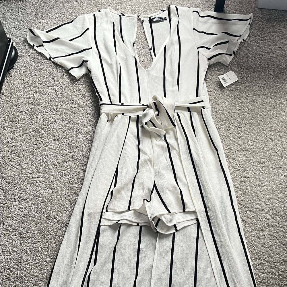 Elegant Black and White Striped Romper Dress